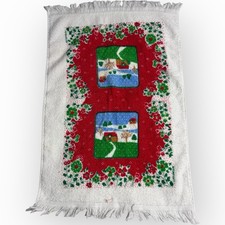 Vtg Cannon Kitchen Hand Towel Christmas Cabin Snow Blue  Holiday Vintage Fringe