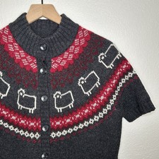 Woolrich Cardigan Women s L Gray Lambswool Fair Isle Sheep Motif Short Sleeve