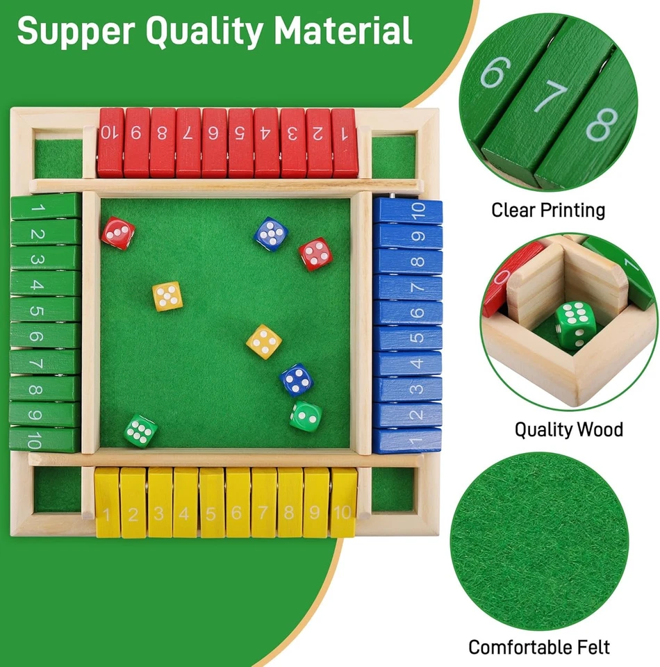 Klappenspiel aus Holz, Shut the Box Variante - buntes Würfel-Brettspiel 4Spieler - Bild 4 von 4