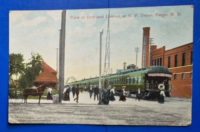 Fargo, ND.  View of Overland Limited at N. P. Depot- 1910s Postcard