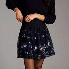 Anthropologie Black Sequin Beaded Floral Mesh Mini Skirt Smocked Waist M