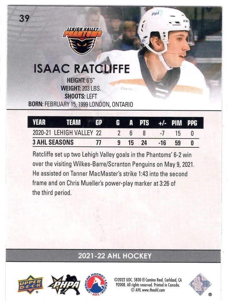2021-22 Upper Deck AHL Exclusives #39 Isaac Ratcliffe /100 - Image 2 of 2