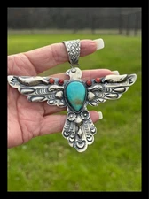 NAVAJO~BIG ~BOLD ~TURQUOISE~RED CORAL~THUNDERBIRD ~PENDANT~SIGNED~ YAZZA