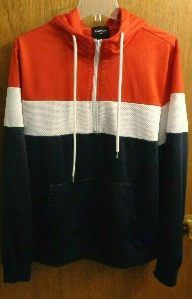 Forever 21 Red White Blue Colorblock Hoodie Pullover Active Jacket Men L 46