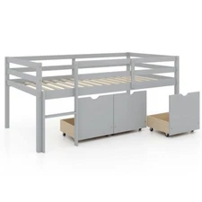 Twin Size Heavy Duty Low Loft Bed Frame Kids w/ Ladder & Full-length Guardrails