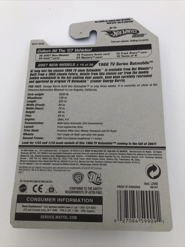 Hot Wheels 1966 TV Series Batmobile 2007 New Models 1:64 Diecast Car - NIP - Image 2 of 3