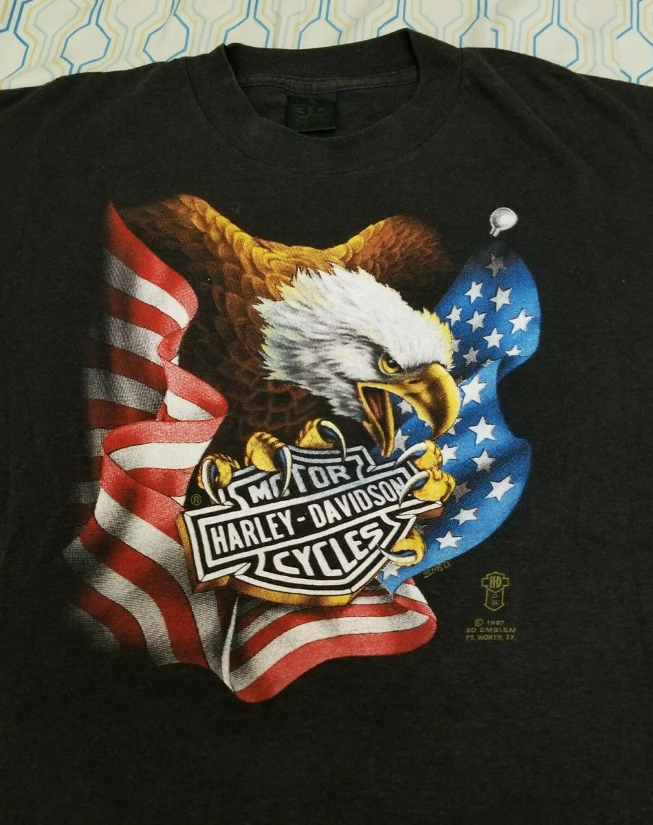 VTG 80s Harley Davidson 3D Emblem Eagle American Flag T Shirt