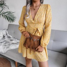 Floral Deep V-Neck Front Tie Mini Dress