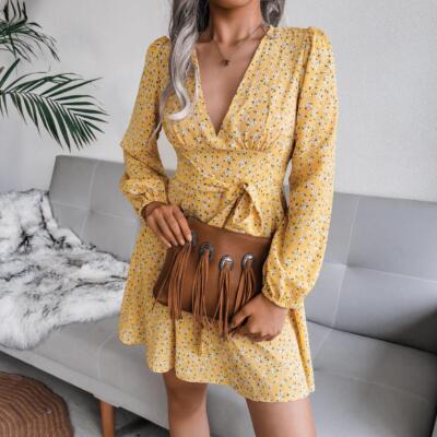 white christmas dresses Floral Deep V Flounce Sleeve Mini Dress Gum Leaf / M