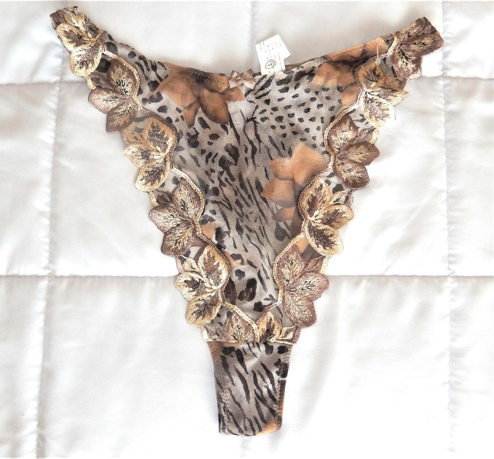 Simone Perele Embroidered String Thong Beige Brown Leaves Gold sz 3 Large Luxury
