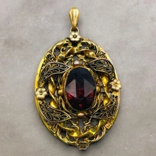 Vtg. Victorian Revival Burgundy Czech Glass Gold Tone Filigree Pendant