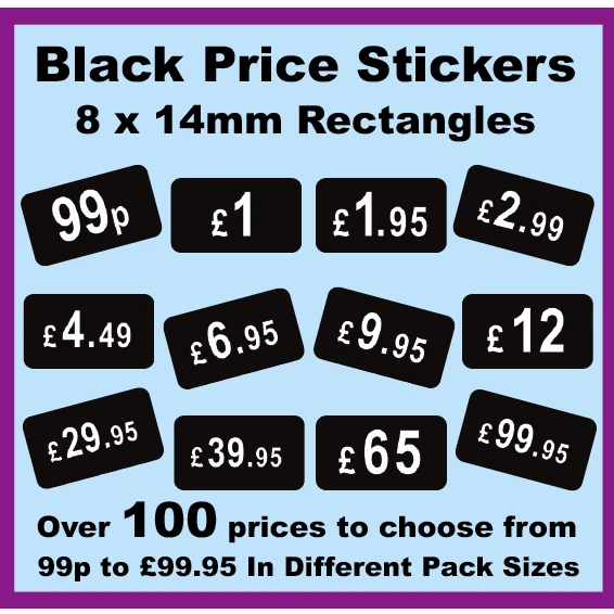 PRICESTICKERS Jewellery Price Stickers - 8 x 14mm Black Rectangular / Sticky Labels