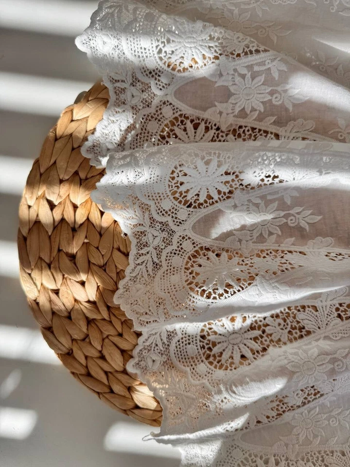 Eyelet Lace Fabric Off-White Color Cotton Embroidered Material 53’’ Wide Curtain - Image 2 of 4