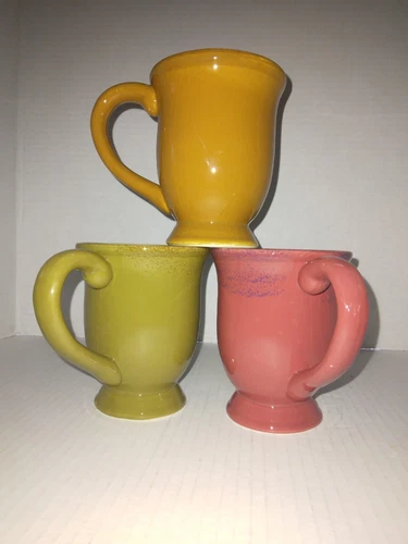 Set Of 3 Footed Stoneware Coffee Cup Mugs