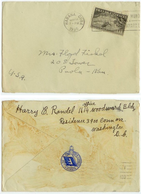 1936 Bermuda Furness Line cover posted Habana to Paola Kansas