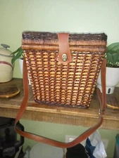 Vintage Wicker Picnic Basket with Lid and Long Leather Shoulder Strap and Fasten