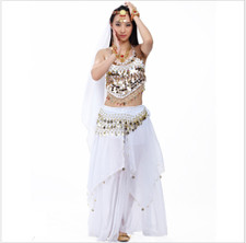 Tank Top Hip Belt Coins Long Skirt 3pcs Belly Dance Costumes India Performance
