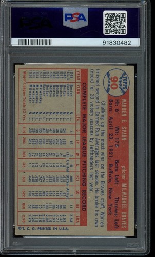 1957 Topps #90 Warren Spahn (HOF) - PSA 5 - Picture 2 of 2