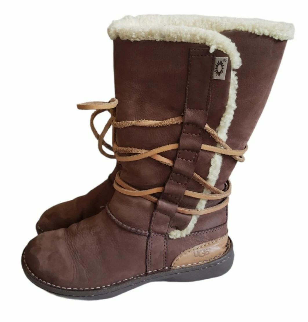 UGG Catalina 1634Brown Suede Sheepskin Tall Wrap Boots Shearling Women s Size 7