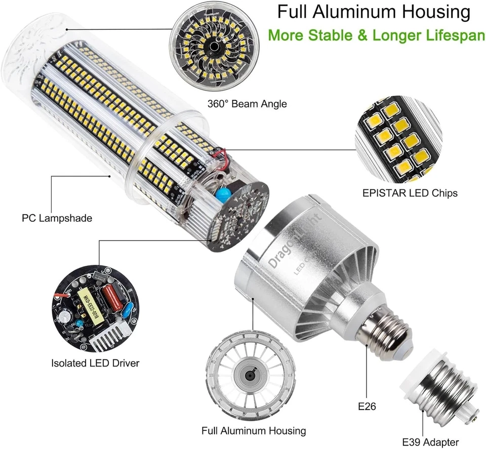 360° Beam 80W LED Corn Bulb - Instant-On, Eco-Friendly, 50,000 Hours Lifespan - Image 4 of 4
