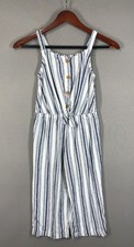 OshKosh Jumpsuit Girl's 7 Blue White Striped Button Drawstring Baggy Linen Blend