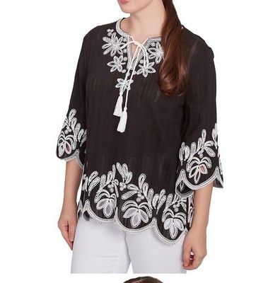 Ruby Rd. Petite Bali Bliss Embroidered Leaf Stripe Blouse Sz PM NWT MSRP$75