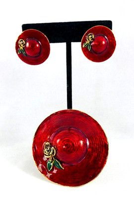 Red Hat Rose Large Pin & Pierced Earrings Set Gold Tone L-S