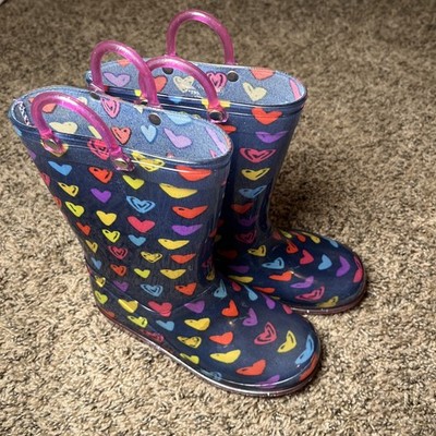 Girls Waterproof Pull-On Rain Boots Size 1 Hearts