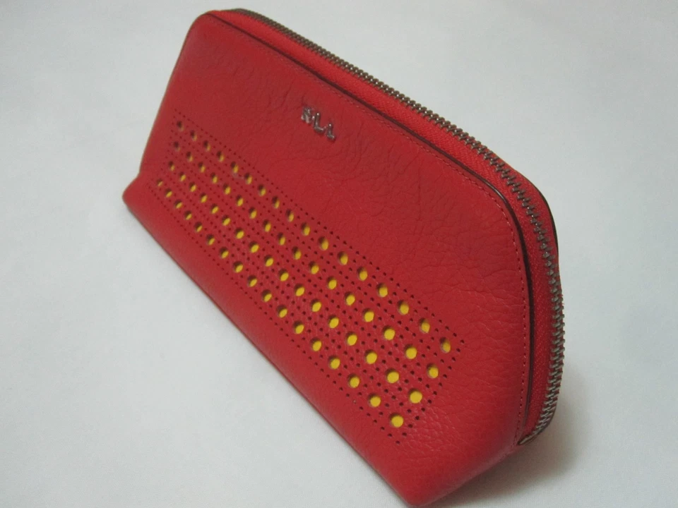 Lauren Ralph Lauren Leighton Cosmetic Makeup Bag | Red Leather Zip Pouch - Image 2 of 4