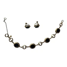 Black Onyx 14K GF Bracelet Earrings Set AMCO Vintage Glam Clip Jewelry
