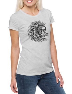 Dead Aztec Warrior Damen T-Shirt Federschmuck Kopf Skelett Schädel Indianer