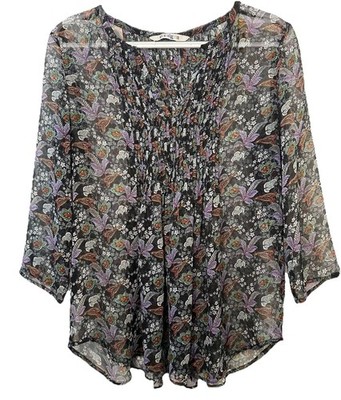 Paradigma Boho Sheer Floral Romantic Pintuck Blouse Medium