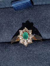 Vintage 9ct Gold Genuine Emerald & Diamond Cluster Ring Size M - M 1/2