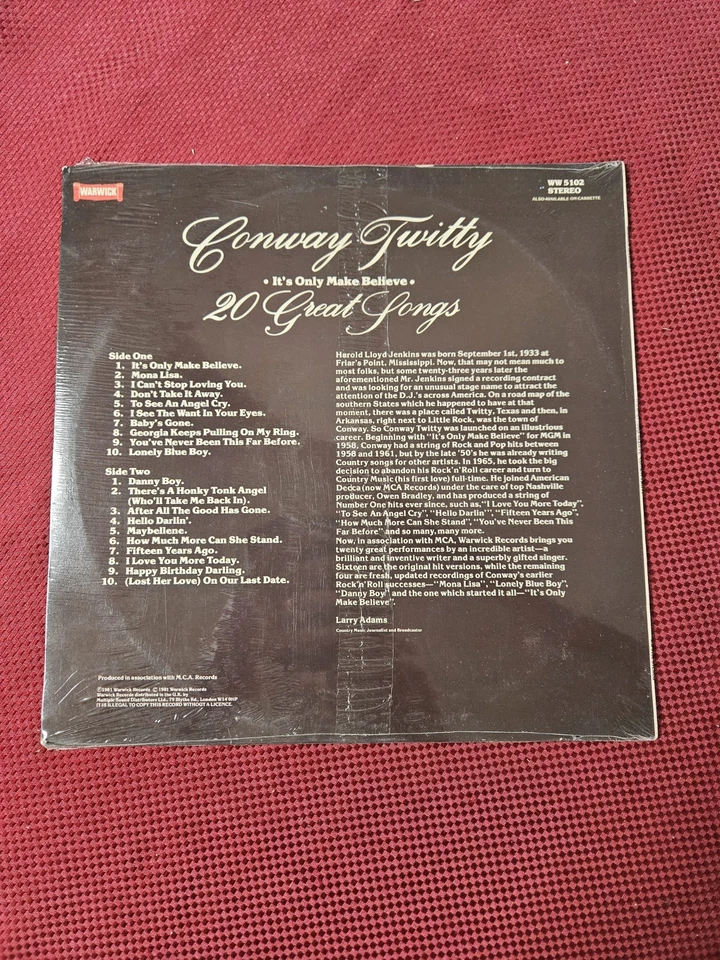 Conway Twitty - It's Only Make Believe - 20 Great Songs LP England Import Sealed - Image 2 of 2