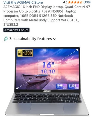 ACEMAGIC 16 Zoll FHD Display Laptop, Quad-Core N-97 Prozessor bis 3,6GHz