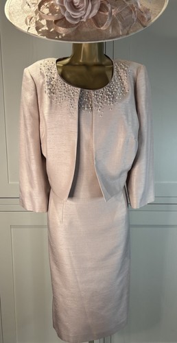 Jacques Vert UK 18 Nude/Pink Shantung Occasion Shift Dress & 3/4 Sleeve Bolero - Picture 1 of 21