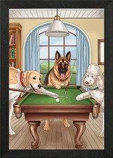 Dogs Playing Pool Framed Wall Art Poster Canvas Print Picture