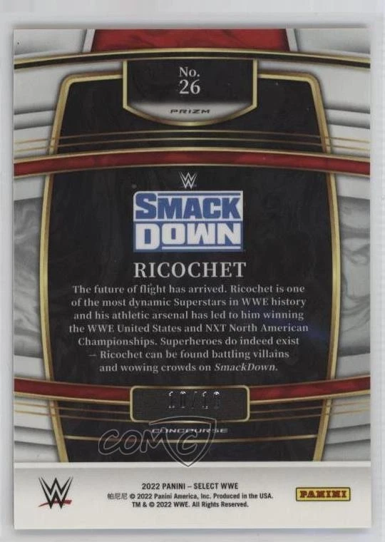 2022 Panini Select WWE Concourse Gold Wave Prizm /10 Ricochet #26 - Image 2 of 2