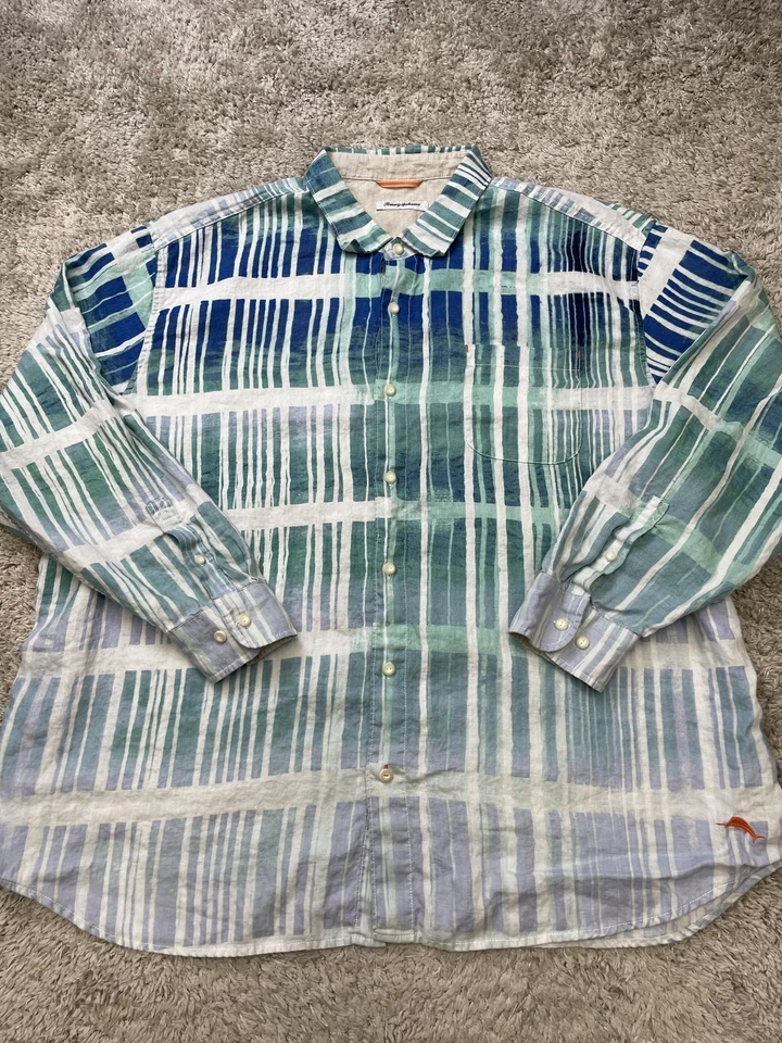 Tommy Bahama Shirt Mens 3XL Blue Green Linen Button Down Long Sleeve Casual - Image 2 of 4