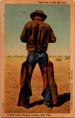 Time Out To Roll His Own West Texas Cowboy Rear View c1934 Linen Postcard