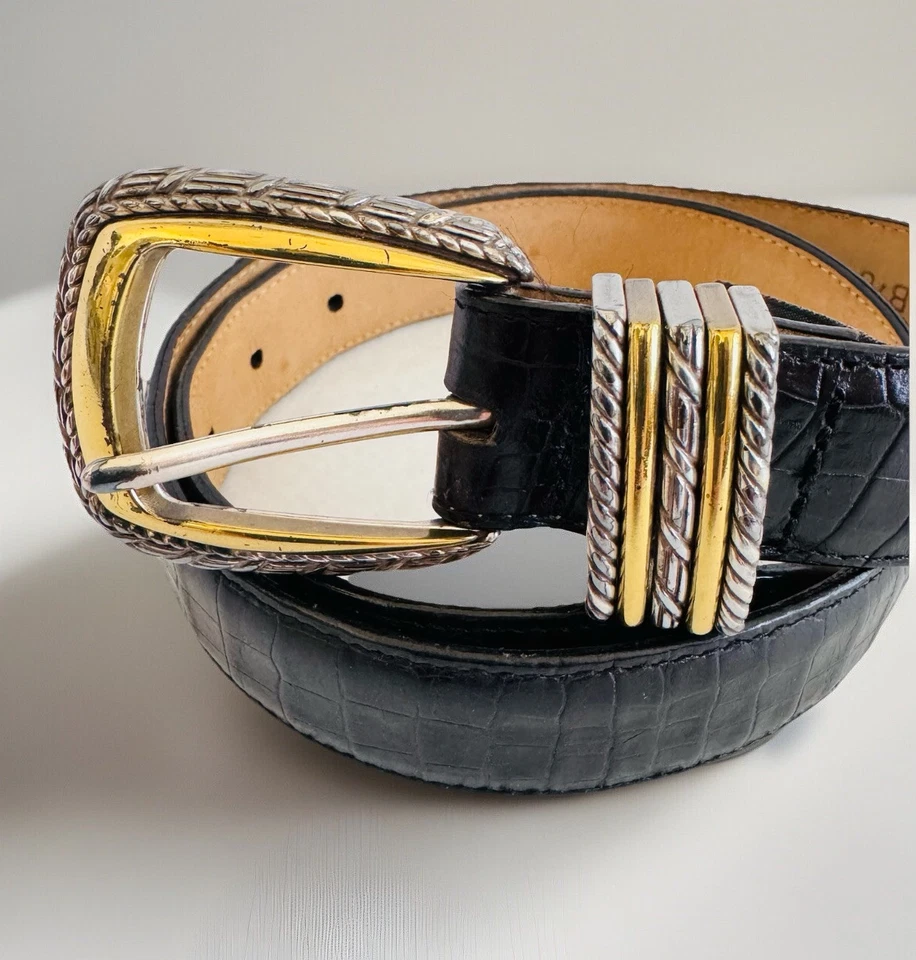 BRIGHTON CLASSICS Belt Black Reptile Leather Gold & Silver Hardware Size 30 - Image 2 of 4