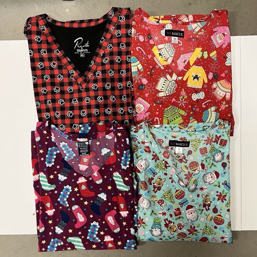 NWT 4 Piece 4xl Christmas Holiday Printed Scrub Top Bundle 34
