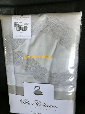 Yves Delorme Ondine Queen Flat Sheet Grey Jacquard Border 500TC Sateen France