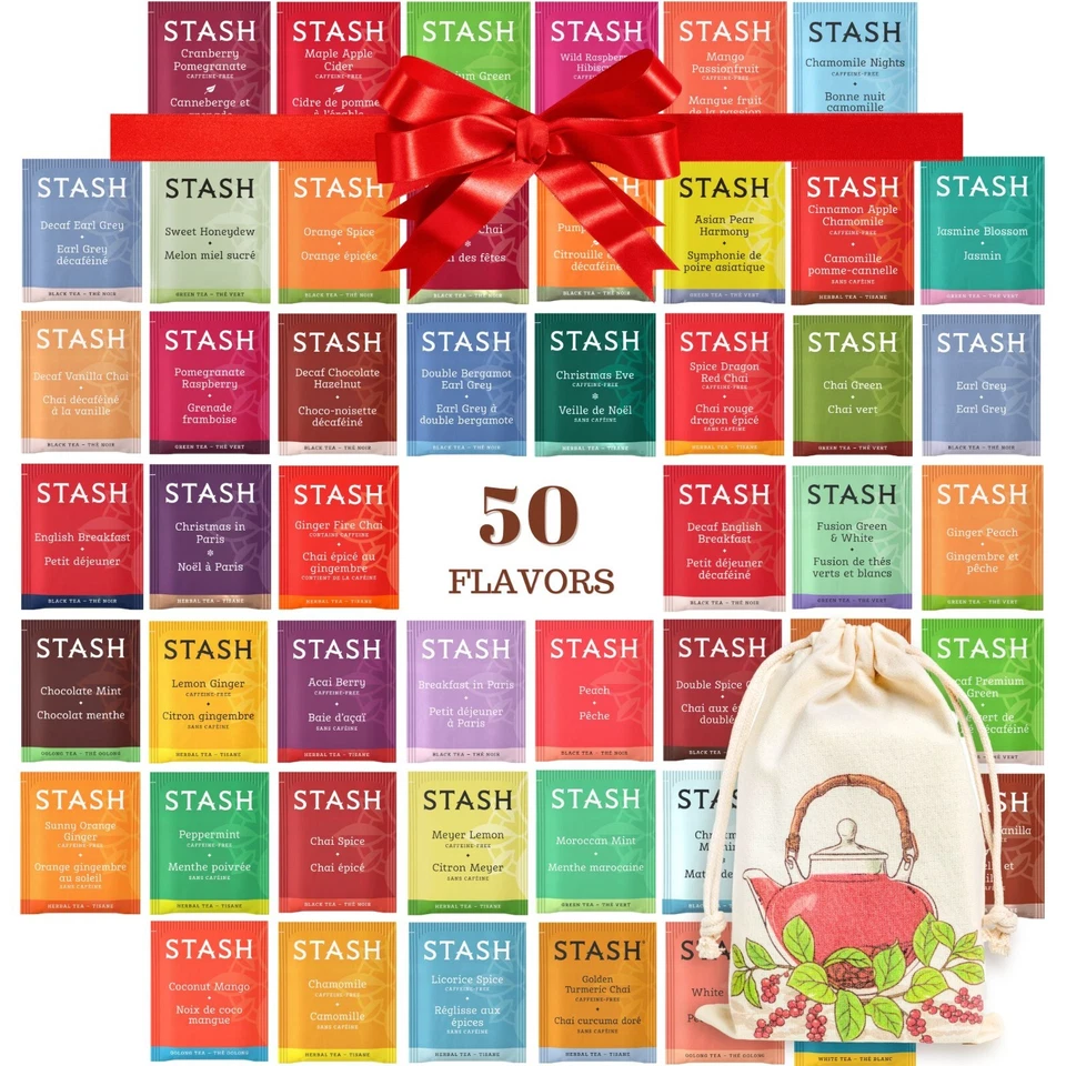 Stash Tea Bags Sampler 50 Count - Caffeinated Herbal Decaf Assortment 50 Flavors