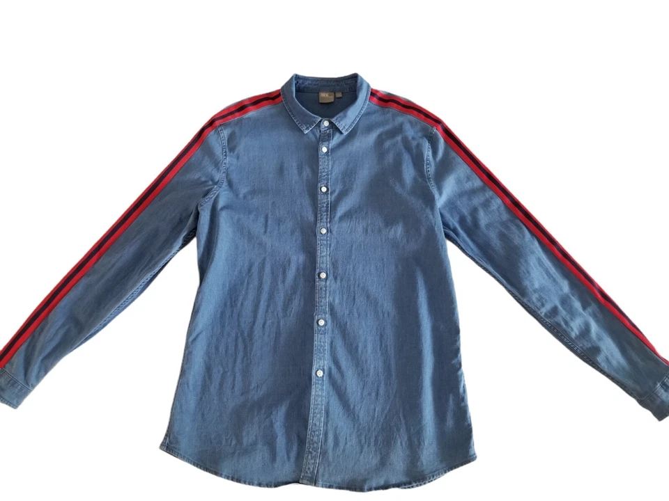 ASOS Mens Size 2XL Blue Denim Stretch Slim Fit LS Shirt W/Gosgrain Ribbon Detail - Image 4 of 4