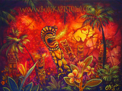 CBjork 8x10 PRINT Tiki Eruption Volcanic Art Hawaiian Island