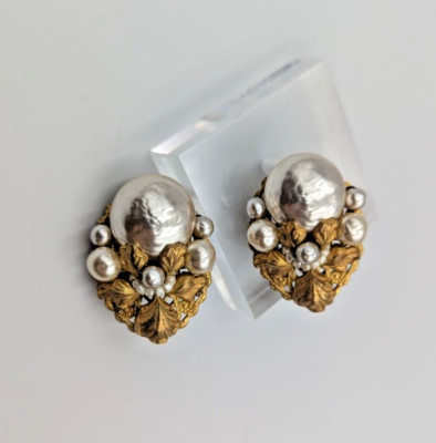 Vintage Miriam Haskell Gold Tone Faux Pearl Ornate Clip On Earrings Signed