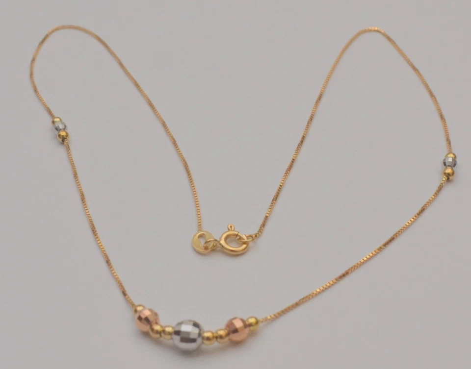 Gold box chain necklace 18k yellow white rose with diamond cut ball 16  inches - Image 2 of 4