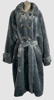 $1090 FAZ Women's Blue Coal Oversized Faux Fur Trench Coat Jacket Size 2