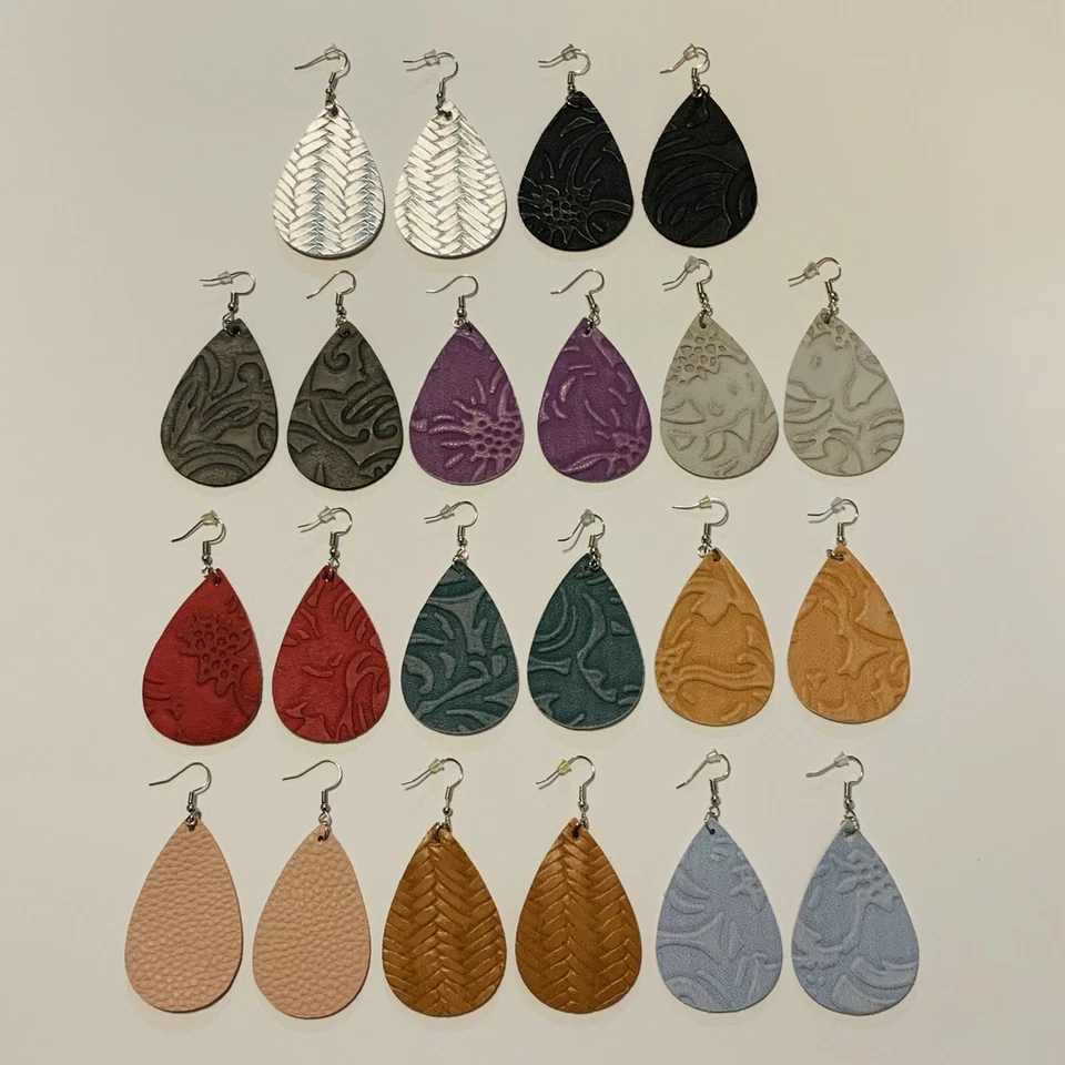 11 Pair Women’s Leather Teardrop Earrings Floating Pattern Lightweight Mixed Lot - Image 1 of 4